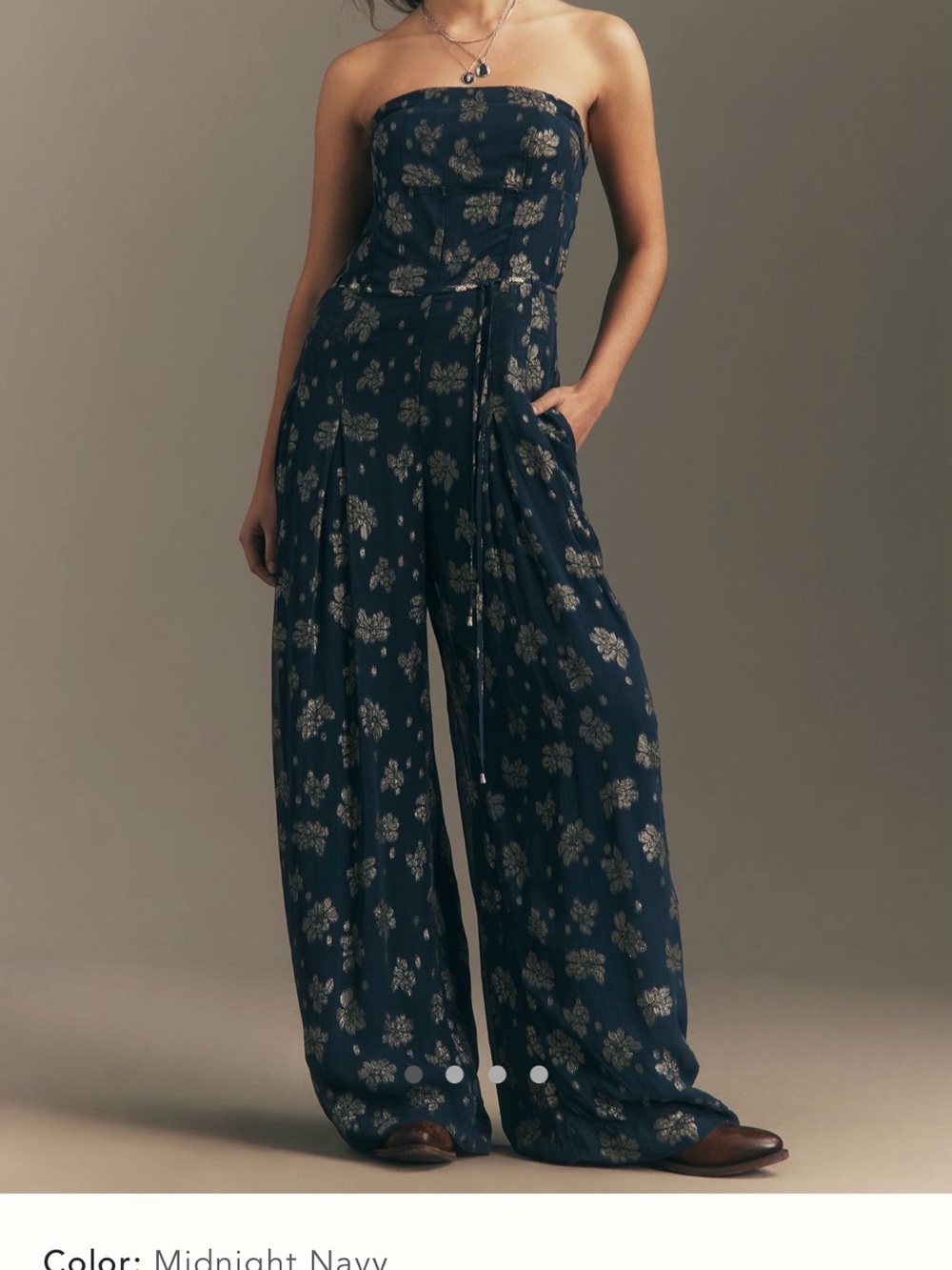 Anthropologie Strapless Wide Leg Boho Jumpsuit Navy Floral Resort Romper - Picture 2 of 8